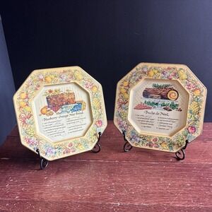 Vtg 1982 Avon Printed Recipe Tin Plates For Hanging England Set of 2 Granny Core